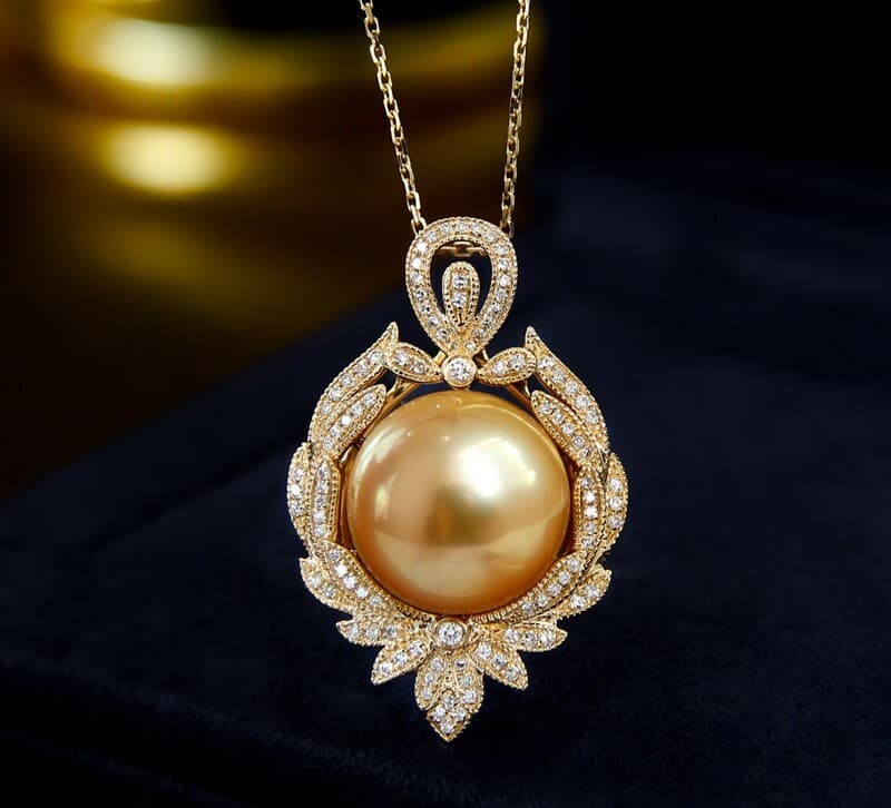 14.9mm South Sea Golden Pearl Pendant, 18K Gold, Flawless Luxury Seawater Pearl