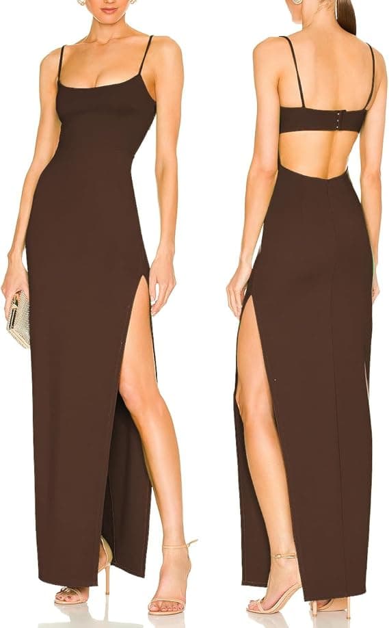 JLCNCUE Women's Sexy Backless Spaghetti Straps Square Neck Maxi Dress Thigh High Slit Bodycon Cocktail Party Dress 211