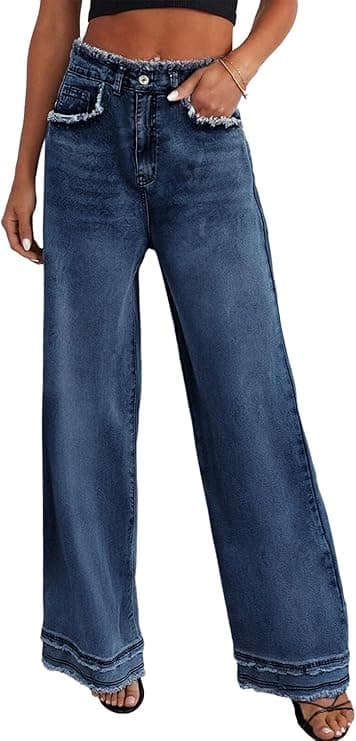 Women's Wide Leg Jeans Stretchy High Waisted Baggy Jeans for Woman 2025 Trendy Frayed Raw Hem Denim Pants - Dark Blue Size Medium
