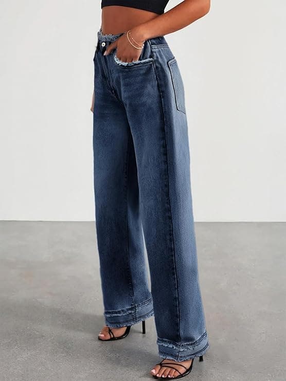 Women's Wide Leg Jeans Stretchy High Waisted Baggy Jeans for Woman 2025 Trendy Frayed Raw Hem Denim Pants - Dark Blue Size Medium - Image 2