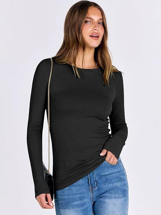 ANRABESS Women Long Sleeve Shirts Rib Knit Slim Fit Tops Basic Tee 2025 Fall Outfits Casual T-Shirt Underscrubs Layer Clothes - Image 4