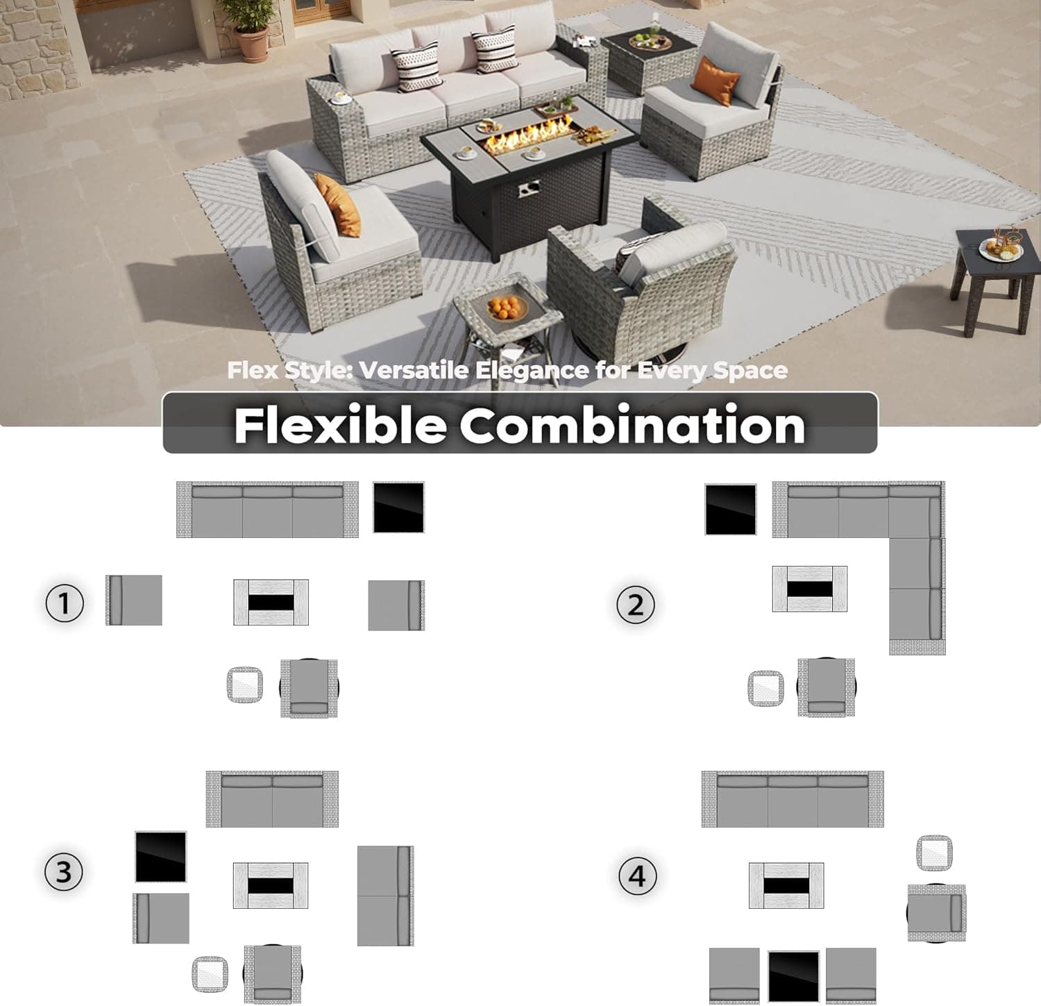 ovios 9 Pieces Patio Set, Outdoor Wicker Sectional Sofa with 42" Firepit Table Swivel Chair, Modern Modular Deep Seat Rattan Sets, Beige - Image 8