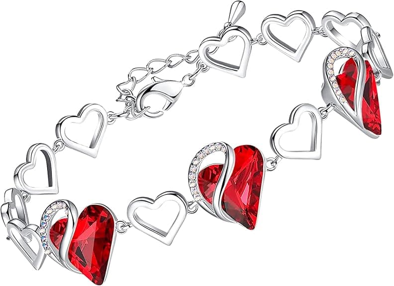 Leafael Infinity Love Heart Link Bracelets, Birthstone or Healing Stone Crystal Bracelet for Women, Silver Tone Jewelry Valentine's Gift for Her