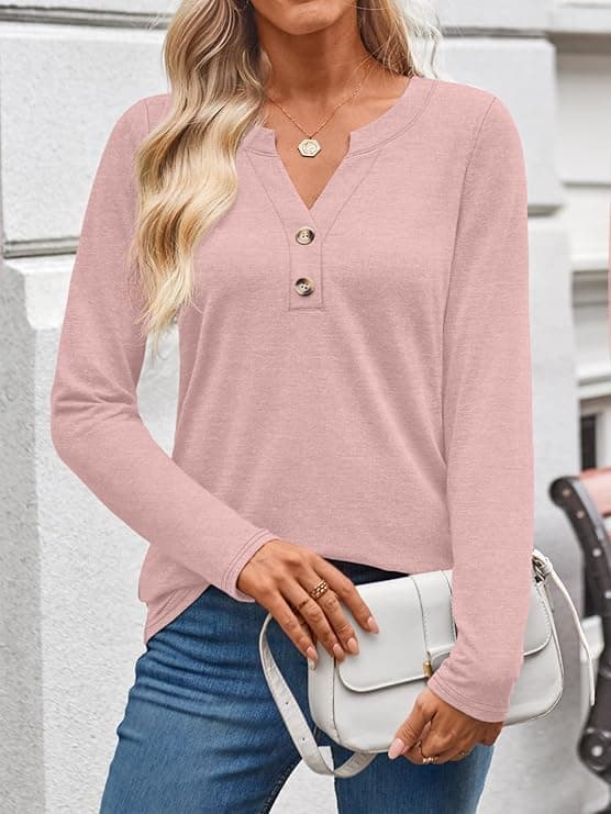 WYNNQUE Womens Long Sleeve Shirts Business Casual Outfits Dressy Tops Blouses Henley V Neck Fall Clothes Rosy Pink - Image 5