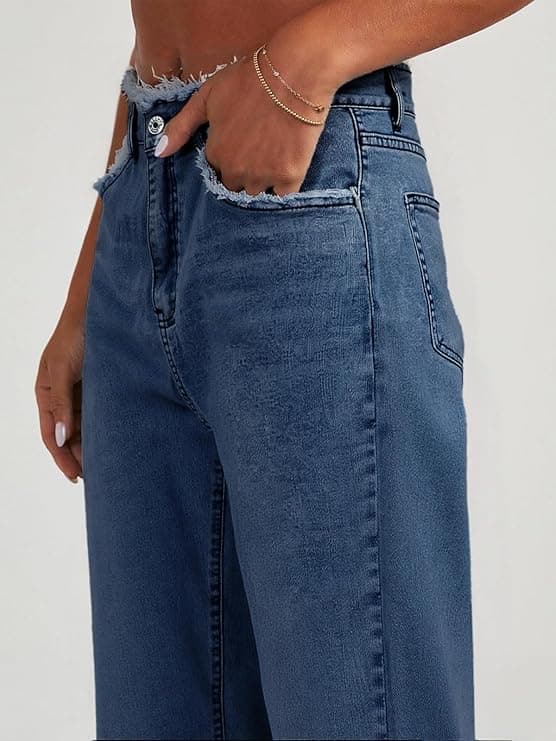 Women's Wide Leg Jeans Stretchy High Waisted Baggy Jeans for Woman 2025 Trendy Frayed Raw Hem Denim Pants - Dark Blue Size Medium - Image 4