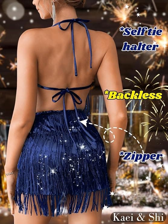 Kaei&Shi Sequin Fringe Romper,Sparkly Glitter Metallic Jumpsuits For Women,Backless Shorts Dress Disco Birthday Dance Outfit - Image 2