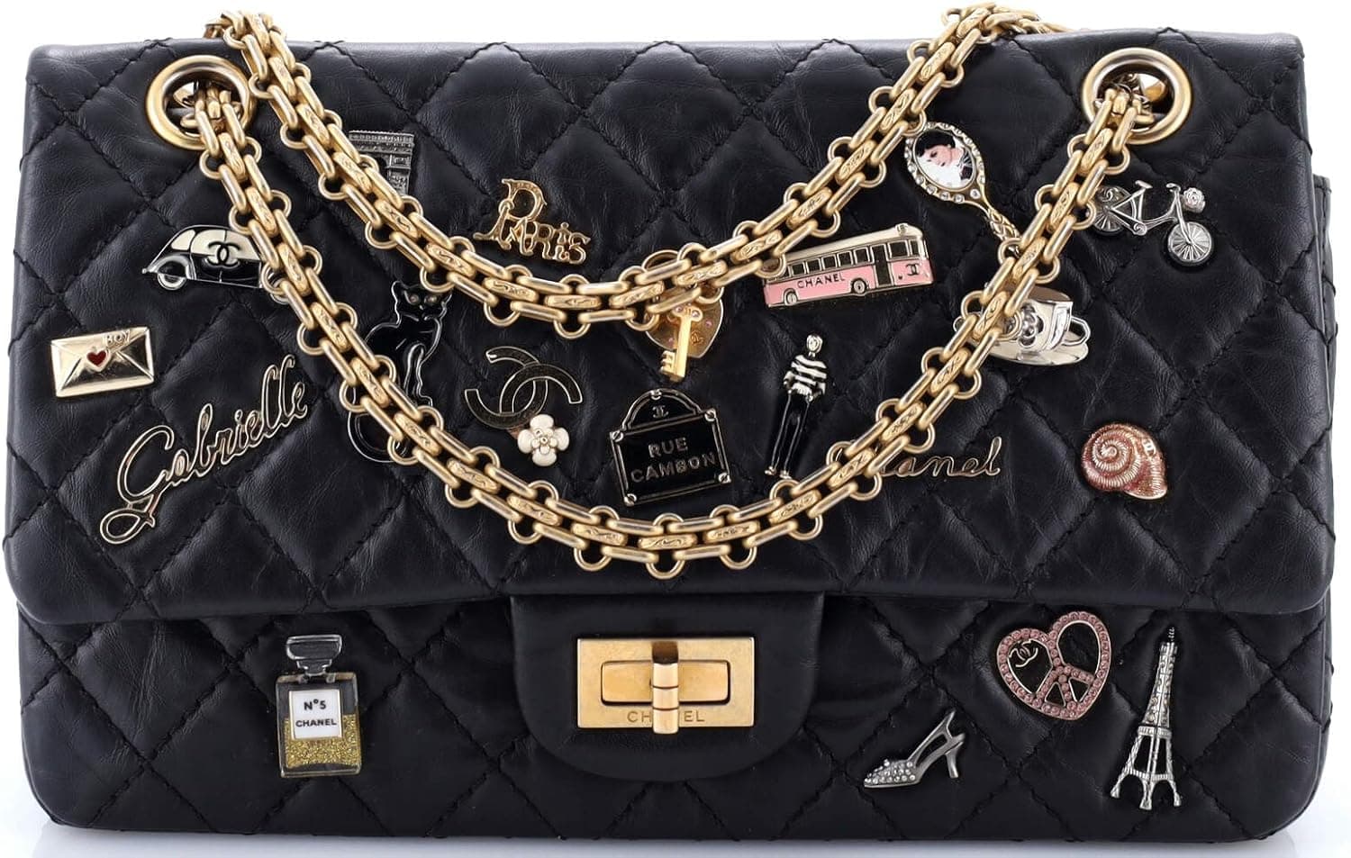 CHANEL Pre-Loved Lucky Charms Reissue 2.55 Flap Bag Quilted Aged Calfskin 225, Black