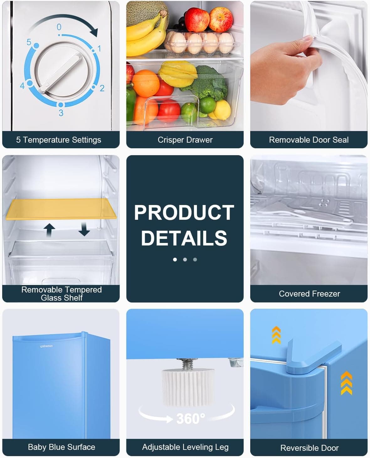 Upstreman 3.2 Cu.Ft Mini Fridge with Freezer, Single Door Mini Fridge, Dorm Fridge, Adjustable Thermostat, Mini Refrigerator for Bedroom, Office, Dorm, Blue-BR321 - Image 6