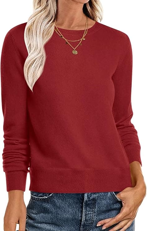 ANRABESS Sweaters for Women Long Sleeve Lightweight Crewneck Soft Basic Knit Loose Fit Pullover Red