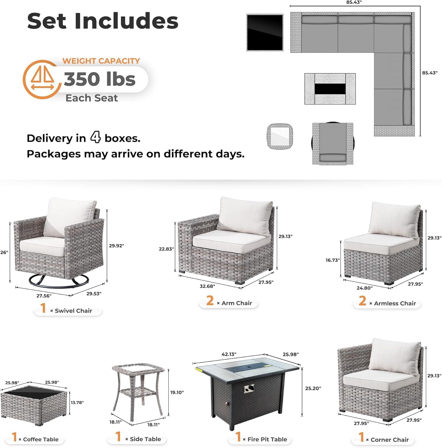 ovios 9 Pieces Patio Set, Outdoor Wicker Sectional Sofa with 42" Firepit Table Swivel Chair, Modern Modular Deep Seat Rattan Sets, Beige - Image 2