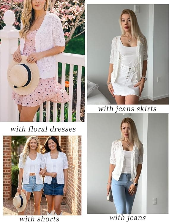 Yekaty Womens 2026 Short Sleeve Crochet Summer Cardigan Cropped Button Sweater Lightweight Shrug for Dress White - Image 4