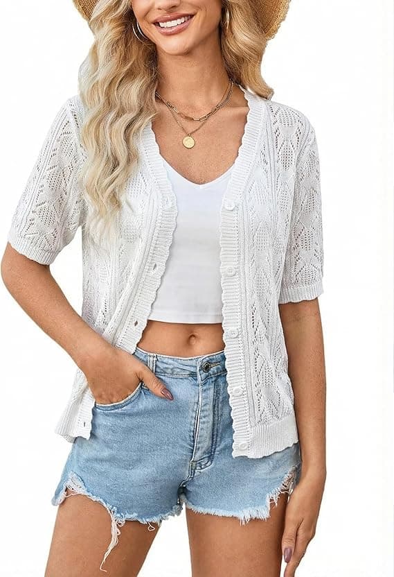 Yekaty Womens 2026 Short Sleeve Crochet Summer Cardigan Cropped Button Sweater Lightweight Shrug for Dress White