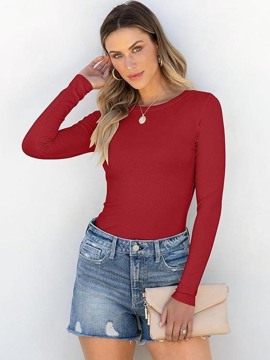 ANRABESS Women Long Sleeve Shirts Rib Knit Slim Fit Tops Basic Tee 2025 Fall Outfits Casual T-Shirt Underscrubs Layer Clothes Red - Image 3