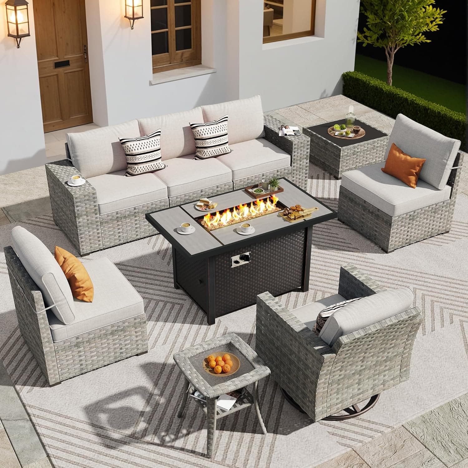 ovios 9 Pieces Patio Set, Outdoor Wicker Sectional Sofa with 42" Firepit Table Swivel Chair, Modern Modular Deep Seat Rattan Sets, Beige