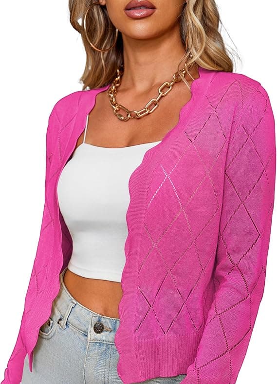 CARDYDONY Women's Long Sleeve Cropped Cardigan Sweaters Open Front Hollow Out Shrugs S-XL Pink