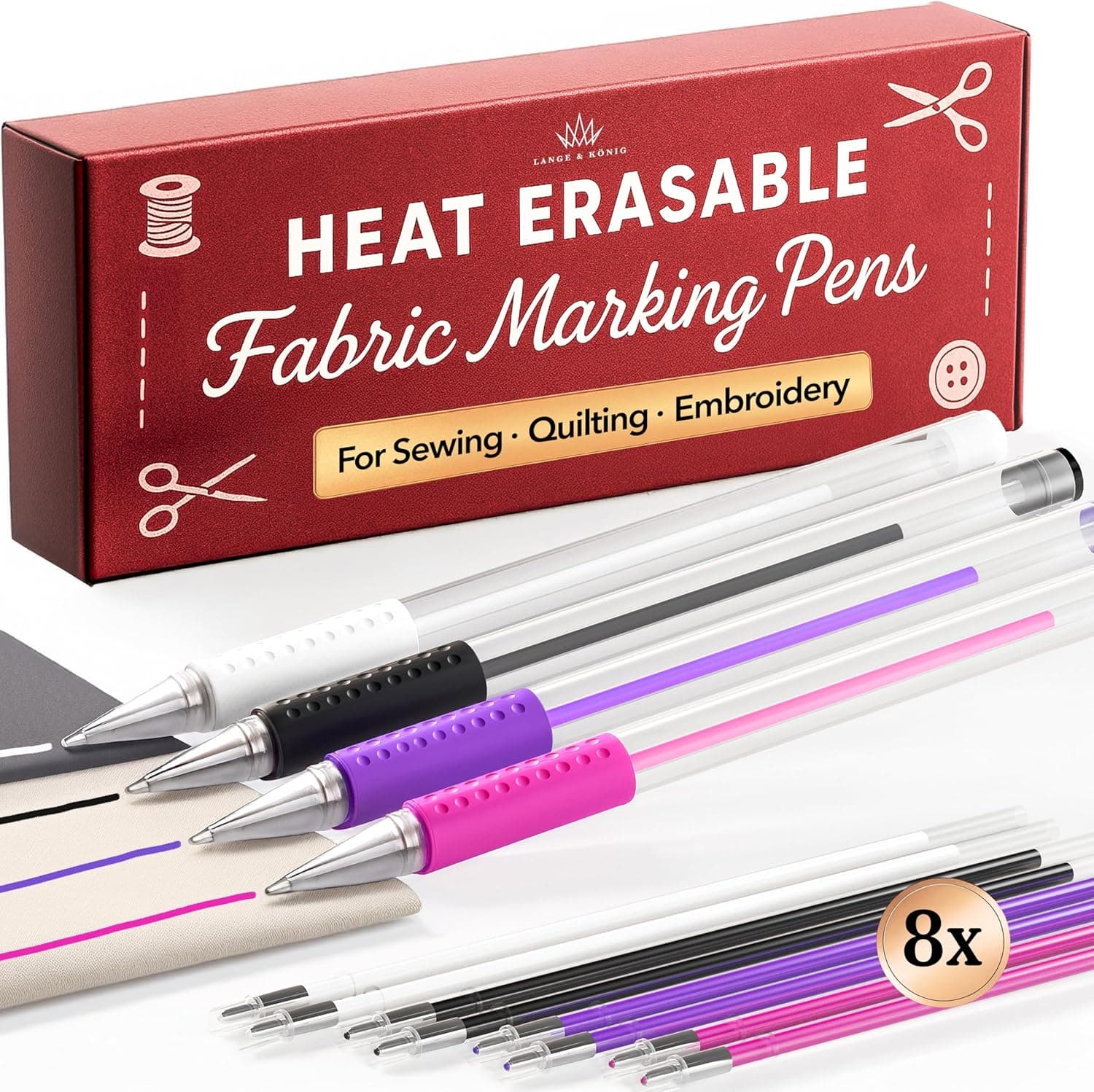 Lange & König Heat Erasable Fabric Marking Pens for Sewing - 4 Pens + 8 Refills